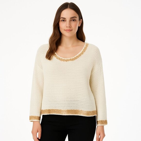 Kroshetta Gold Trim Sweater XL Crochet Boho Glam Holiday Party Top Trending - Picture 4 of 8